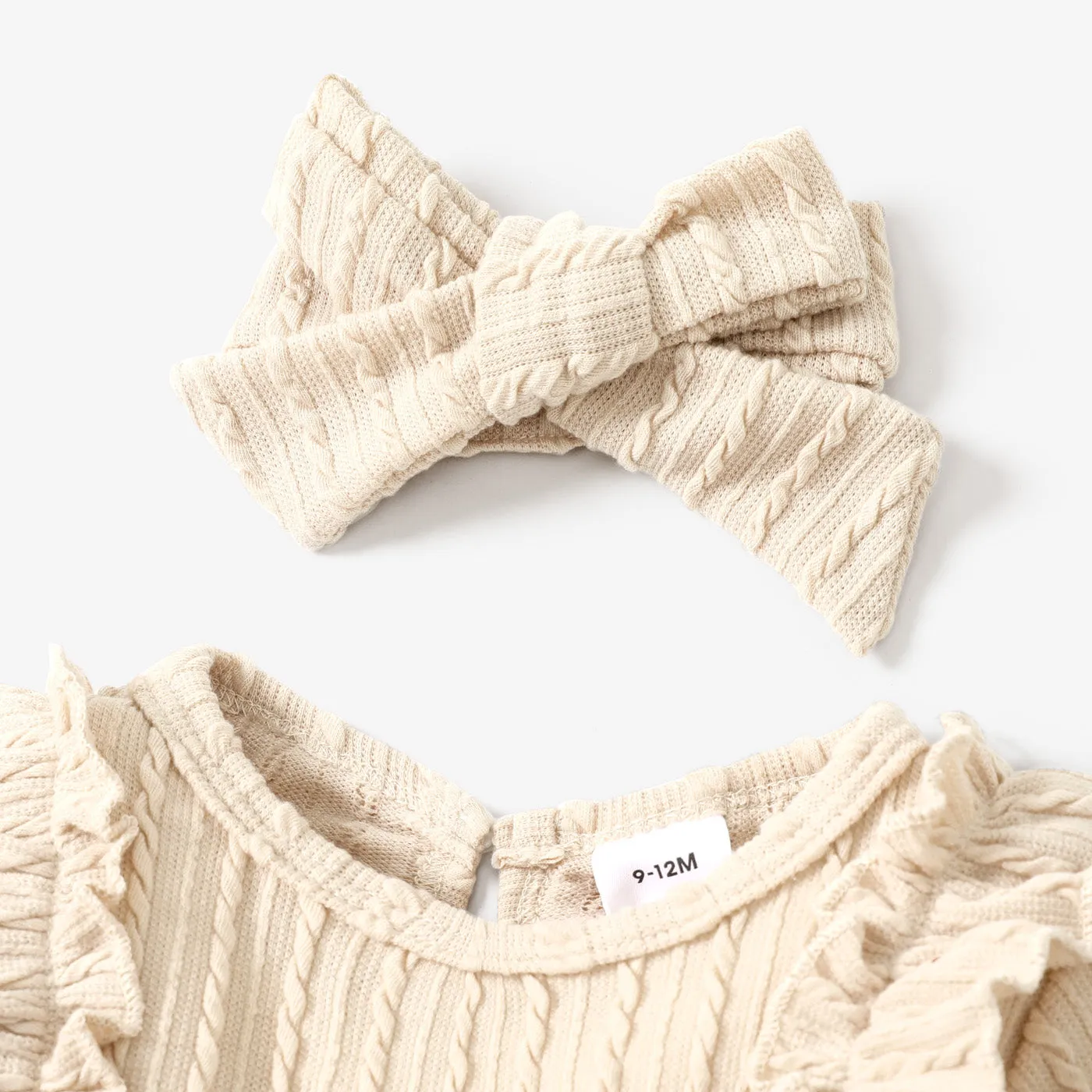 2pcs Baby Girl 95% Cotton Long-sleeve Ruffle Bowknot Jumpsuit with Headband Set