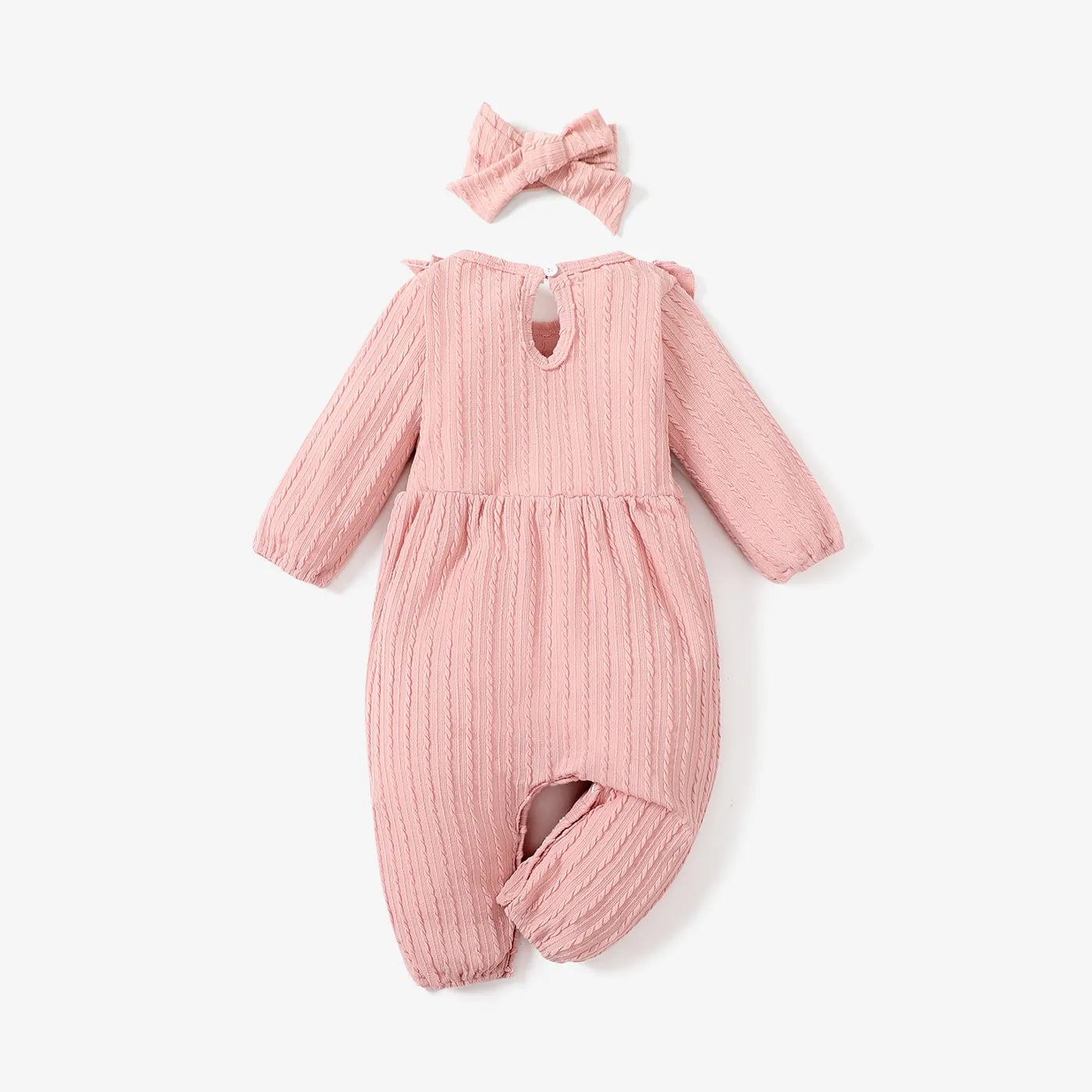 2pcs Baby Girl 95% Cotton Long-sleeve Ruffle Bowknot Jumpsuit with Headband Set