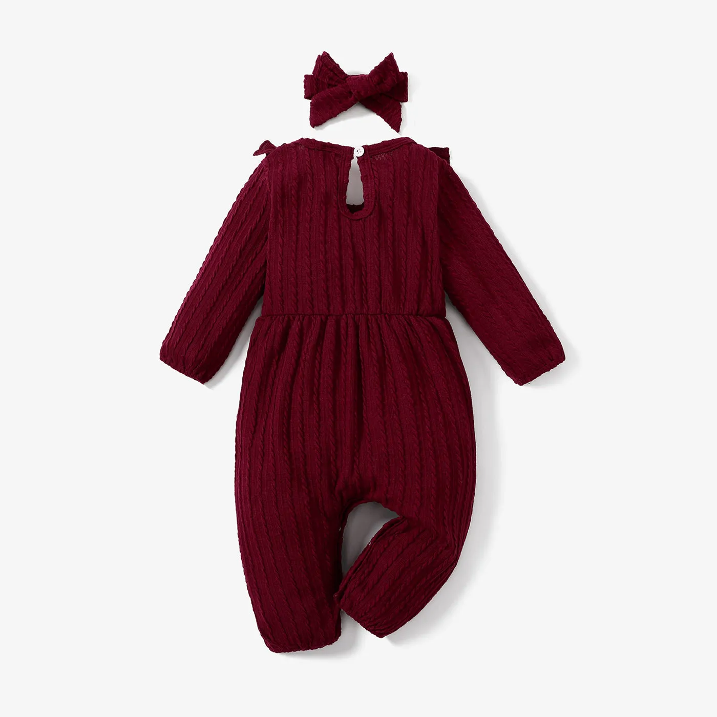 2pcs Baby Girl 95% Cotton Long-sleeve Ruffle Bowknot Jumpsuit with Headband Set