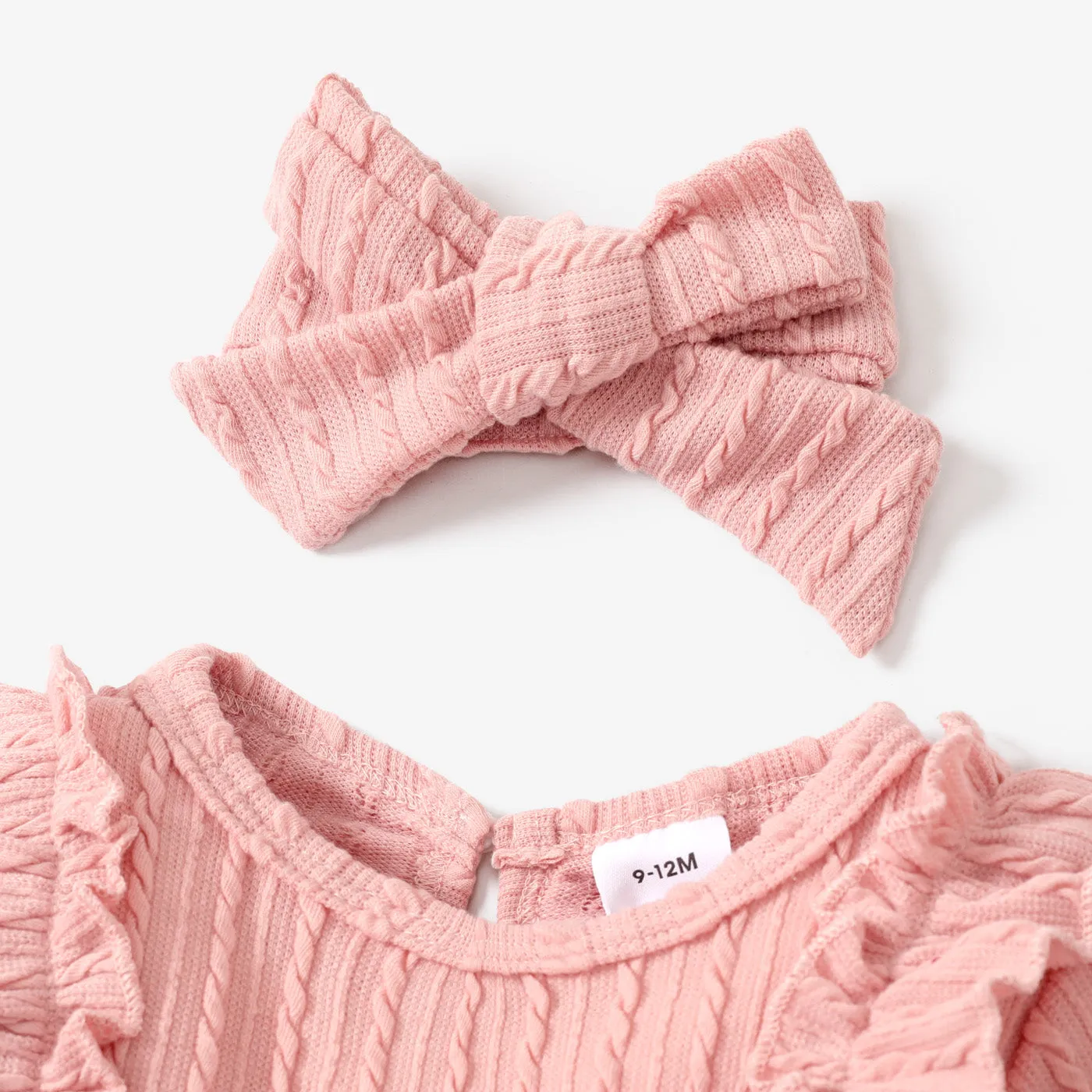 2pcs Baby Girl 95% Cotton Long-sleeve Ruffle Bowknot Jumpsuit with Headband Set