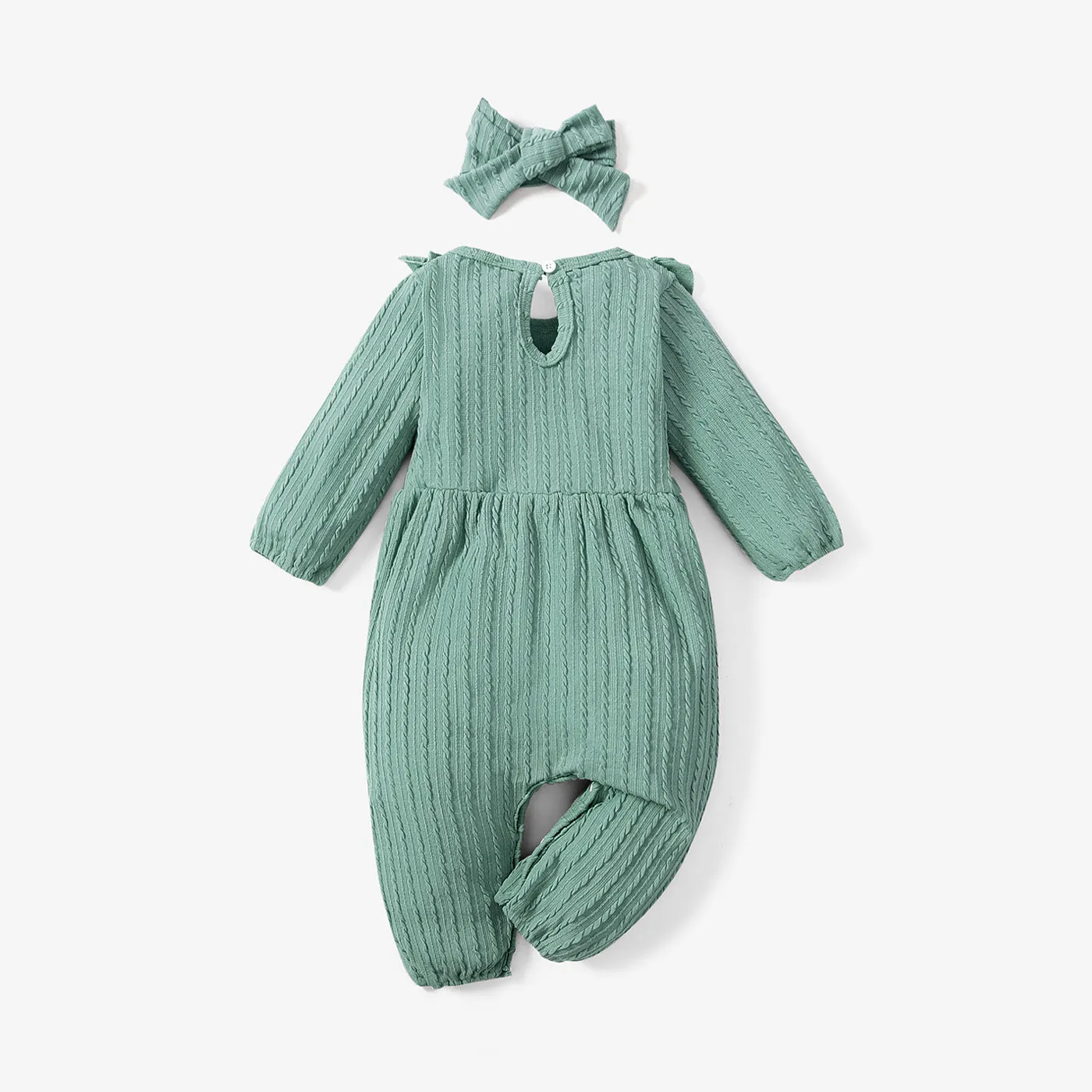 2pcs Baby Girl 95% Cotton Long-sleeve Ruffle Bowknot Jumpsuit with Headband Set