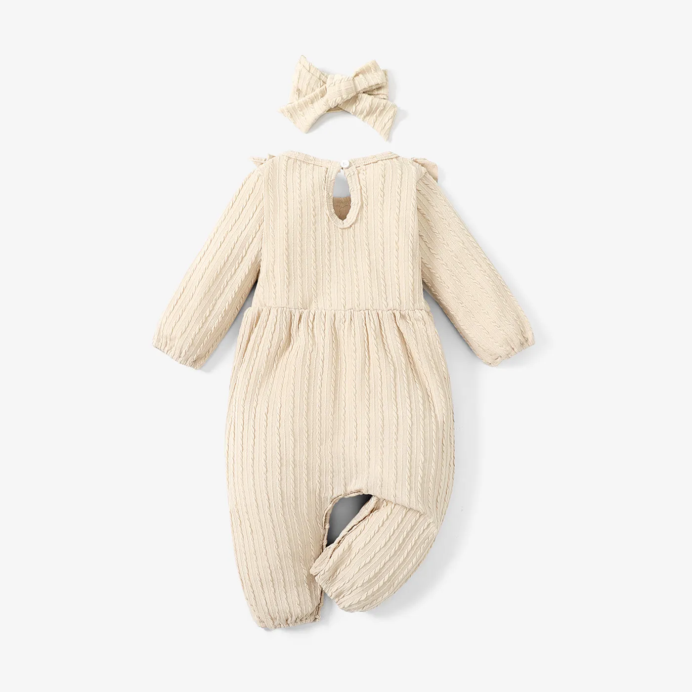 2pcs Baby Girl 95% Cotton Long-sleeve Ruffle Bowknot Jumpsuit with Headband Set