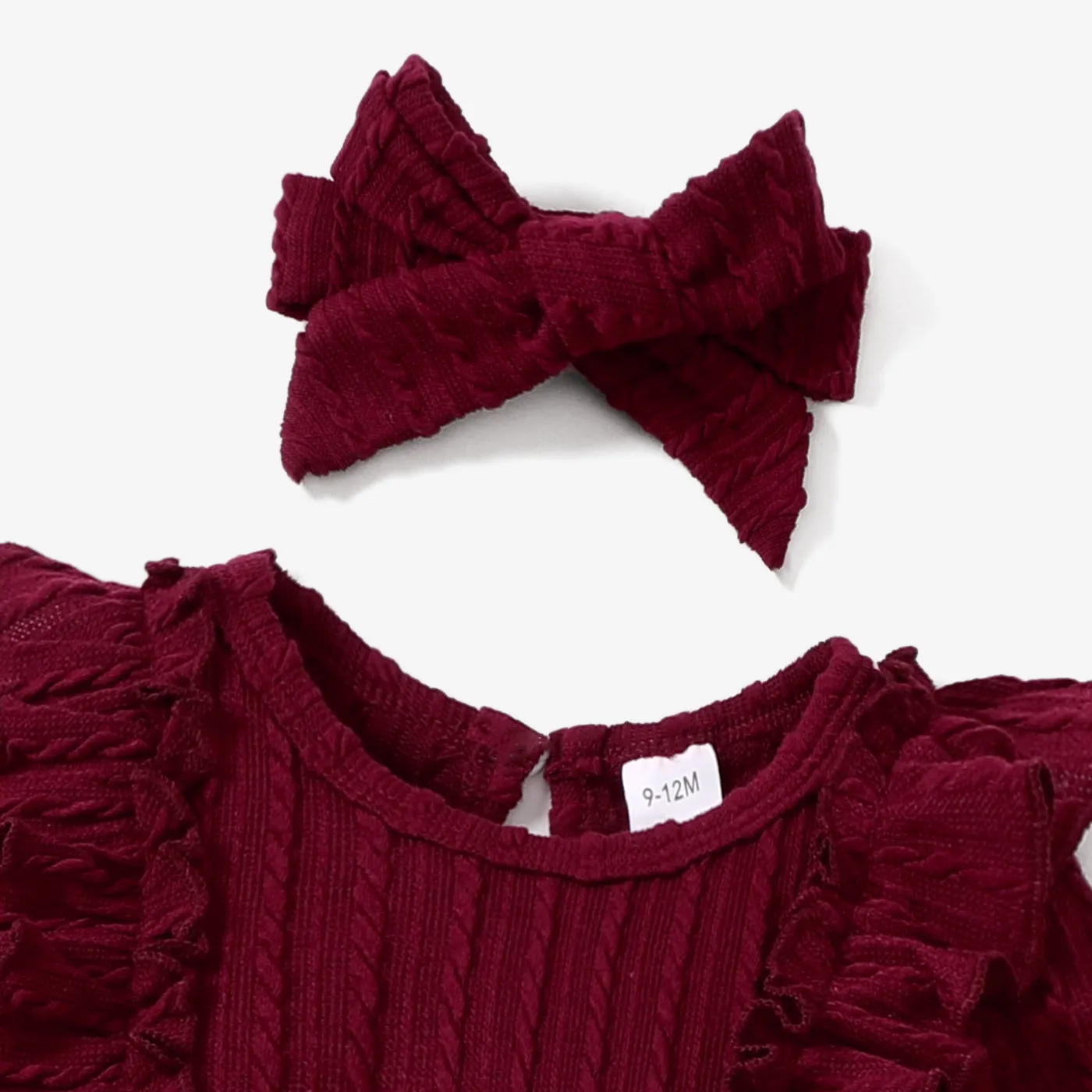2pcs Baby Girl 95% Cotton Long-sleeve Ruffle Bowknot Jumpsuit with Headband Set