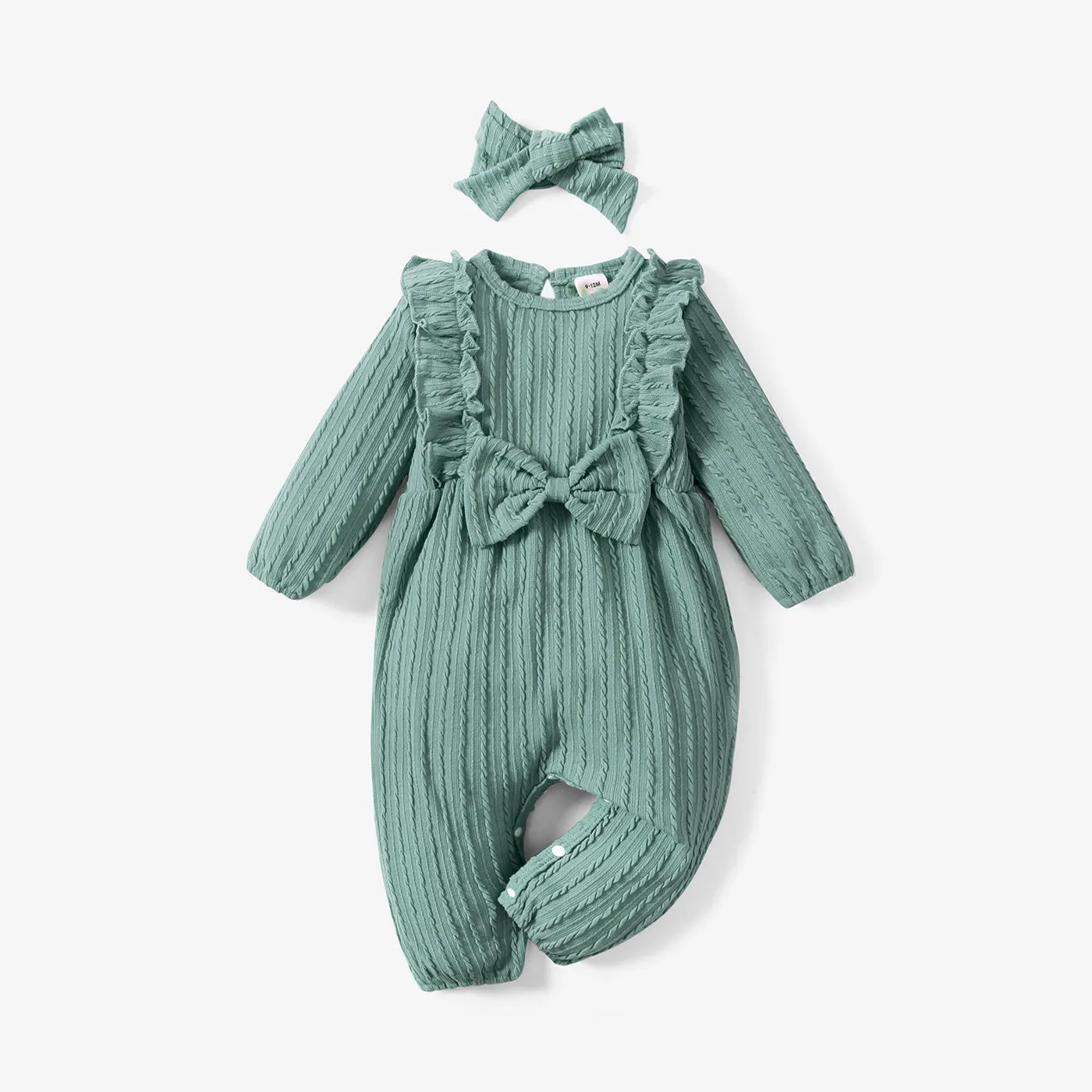 2pcs Baby Girl 95% Cotton Long-sleeve Ruffle Bowknot Jumpsuit with Headband Set