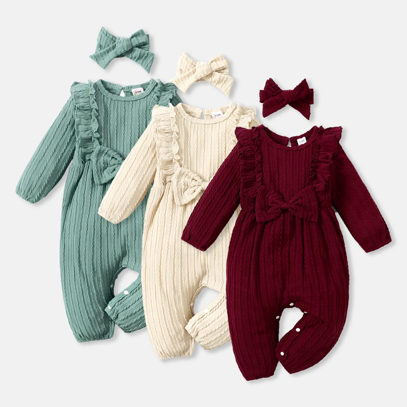 2pcs Baby Girl 95% Cotton Long-sleeve Ruffle Bowknot Jumpsuit with Headband Set