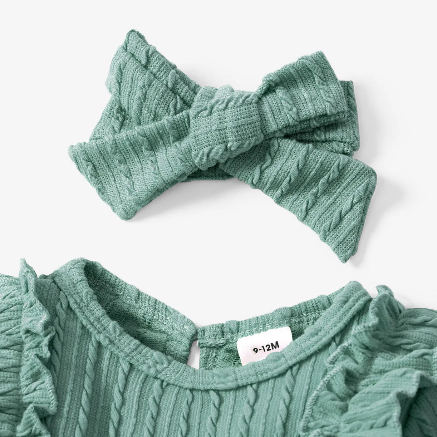 2pcs Baby Girl 95% Cotton Long-sleeve Ruffle Bowknot Jumpsuit with Headband Set