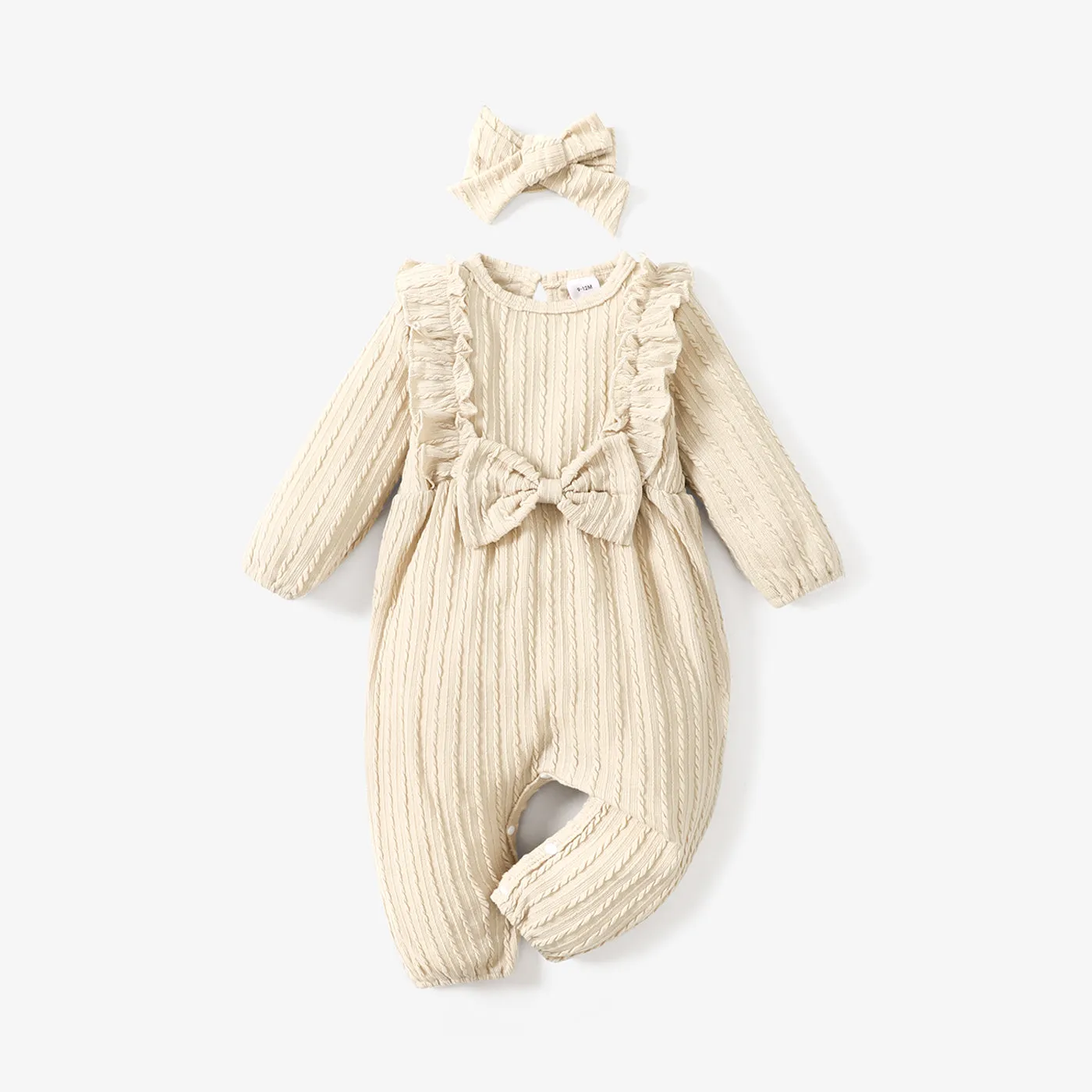 2pcs Baby Girl 95% Cotton Long-sleeve Ruffle Bowknot Jumpsuit with Headband Set