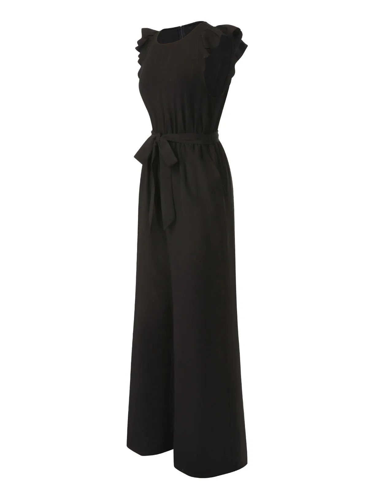 Black 1930s Solid Ruffle Sleeves Belted Jumpsuit