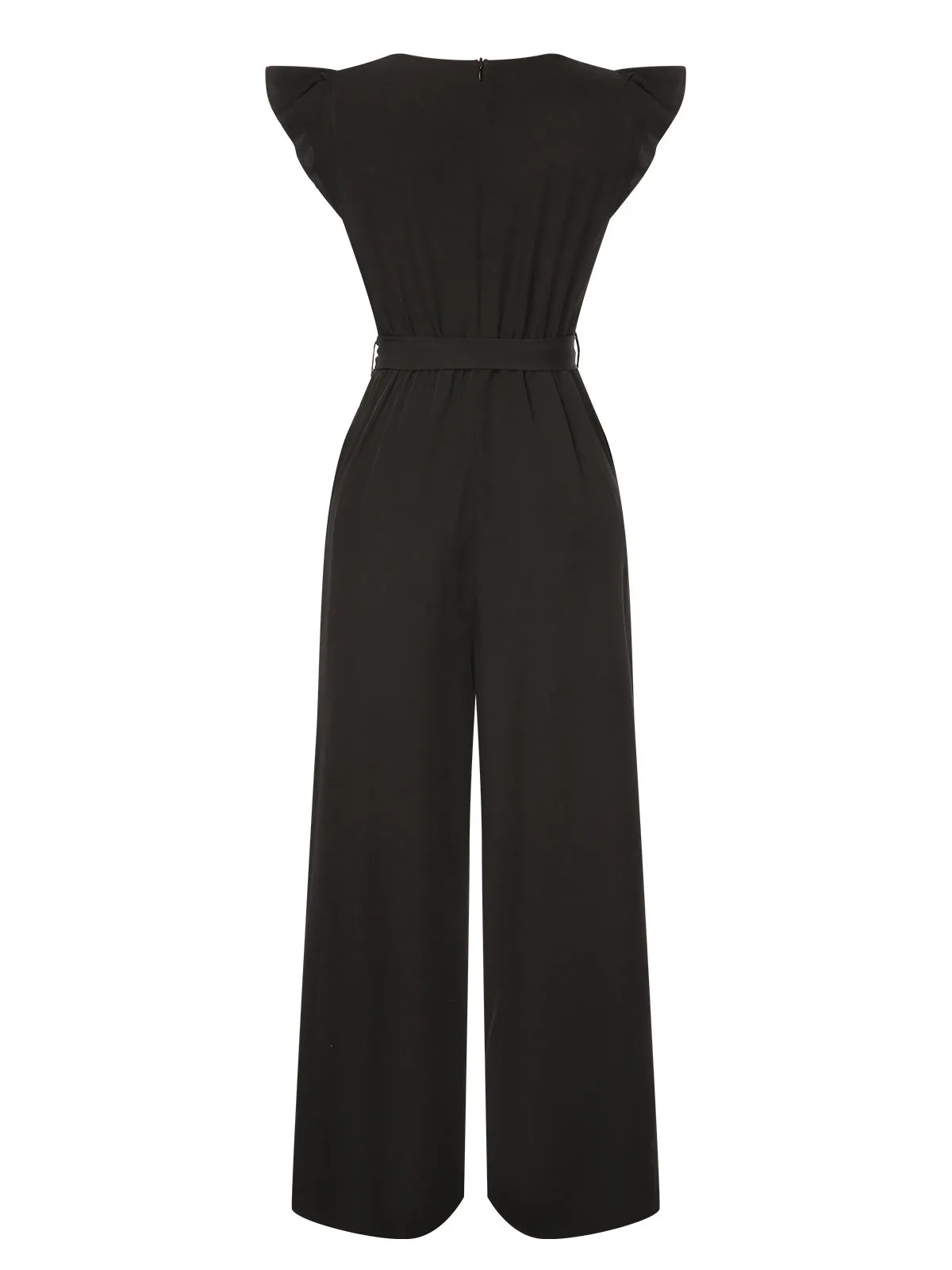 Black 1930s Solid Ruffle Sleeves Belted Jumpsuit