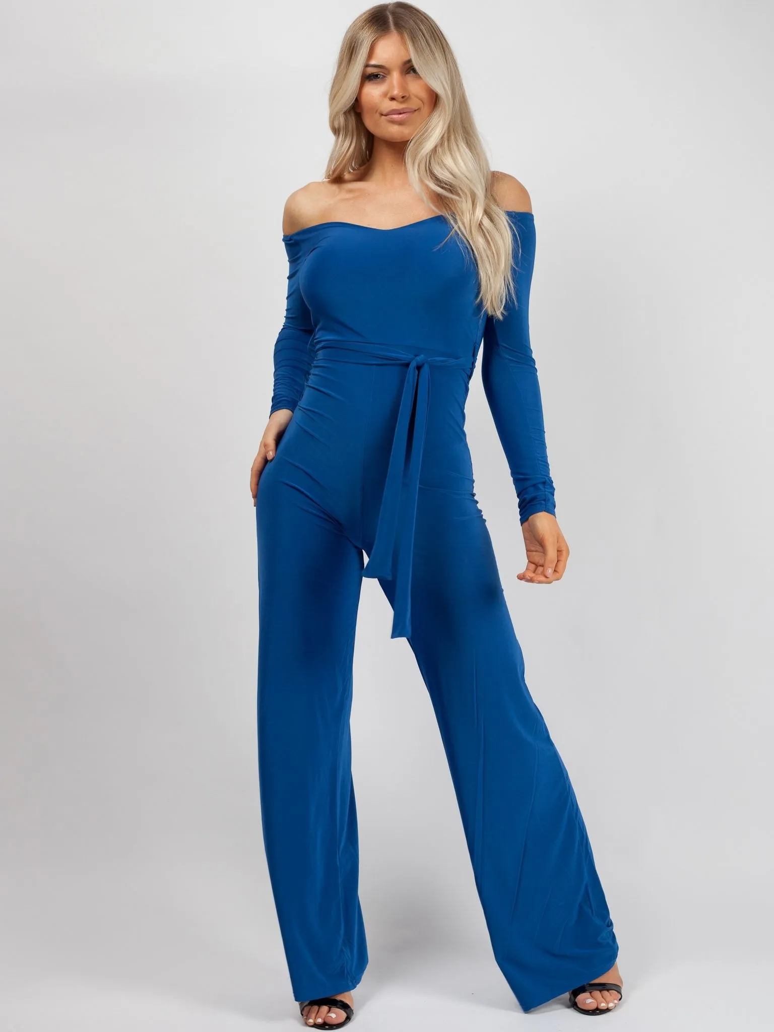 Ellice Slinky Bardot Sweetheart Tie Belted Jumpsuit In Royal Blue