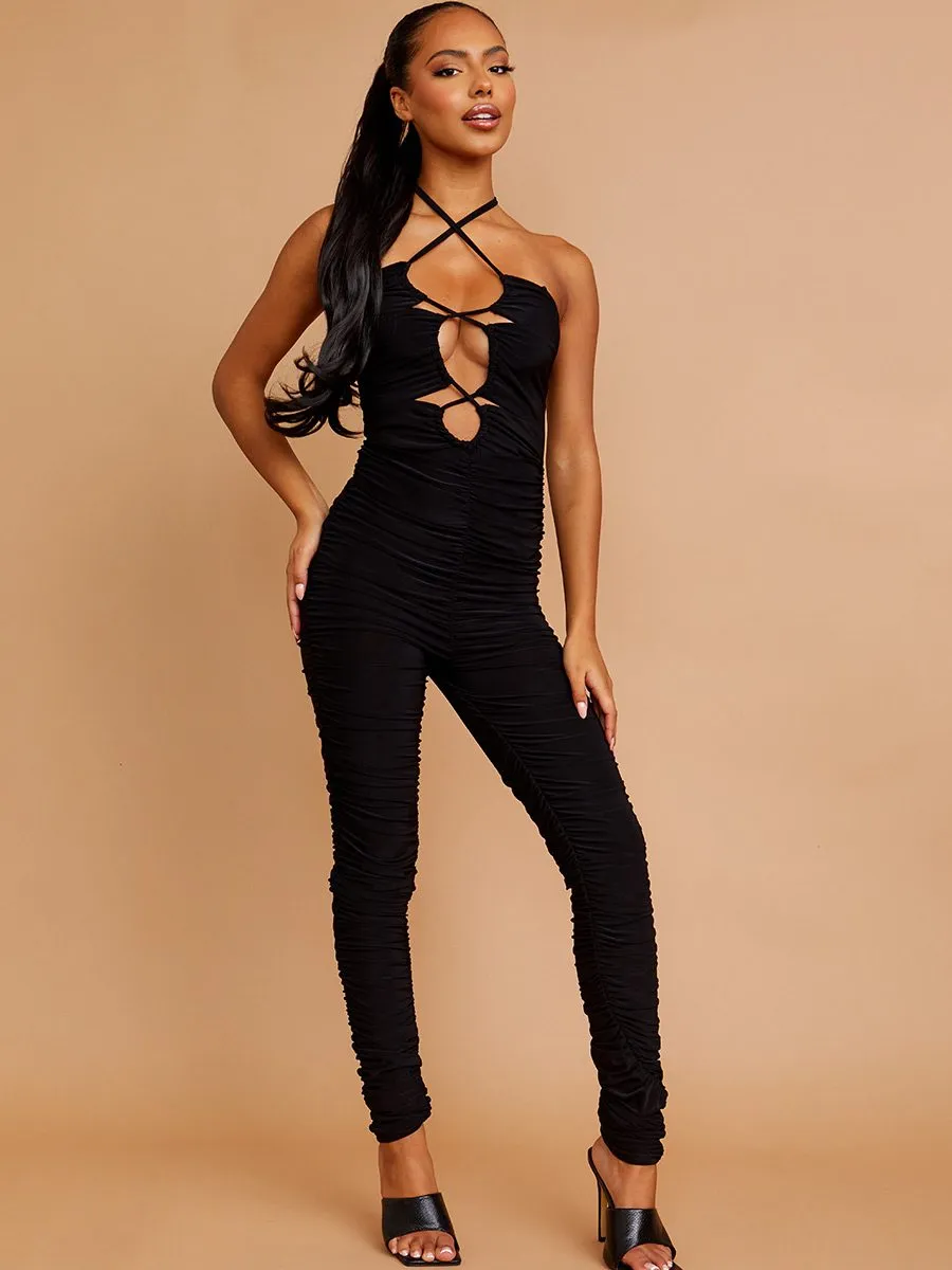Jade Halter Cut Out Front Slinky Ruched Jumpsuit In Black