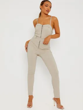 Keyra Zip Front Belted Cami Jumpsuit In Stone
