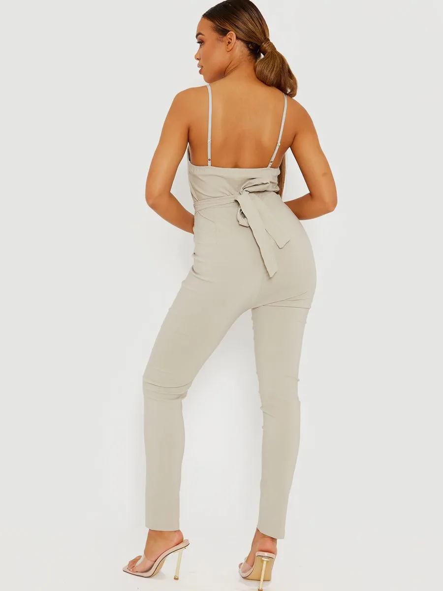 Keyra Zip Front Belted Cami Jumpsuit In Stone