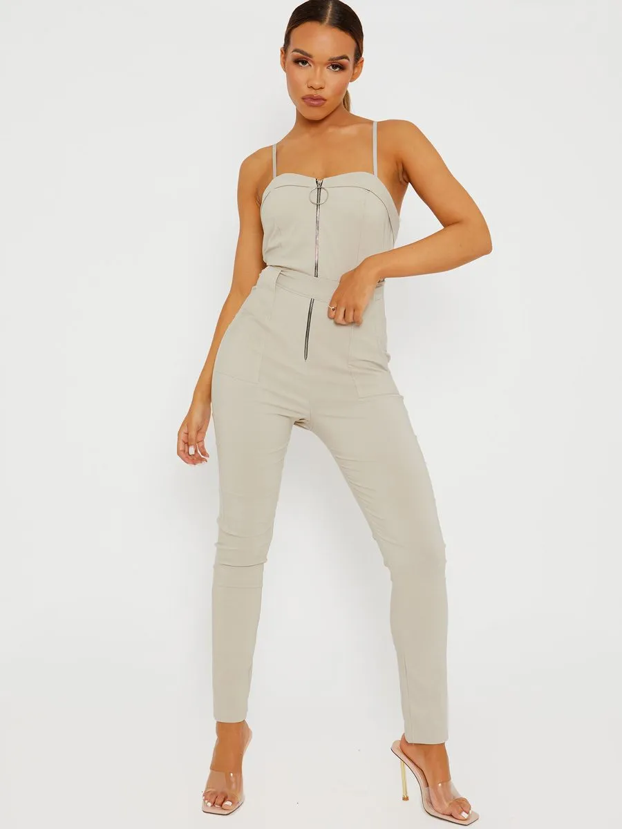 Keyra Zip Front Belted Cami Jumpsuit In Stone