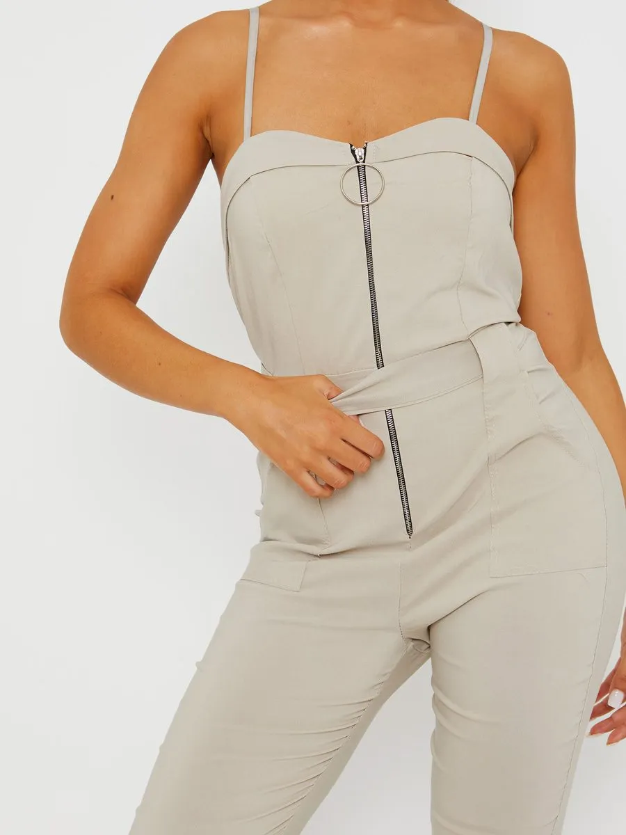 Keyra Zip Front Belted Cami Jumpsuit In Stone