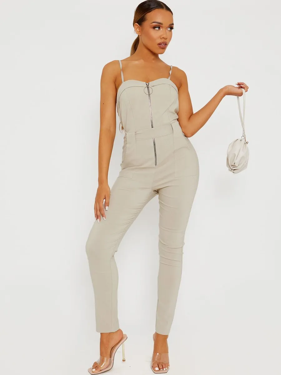 Keyra Zip Front Belted Cami Jumpsuit In Stone