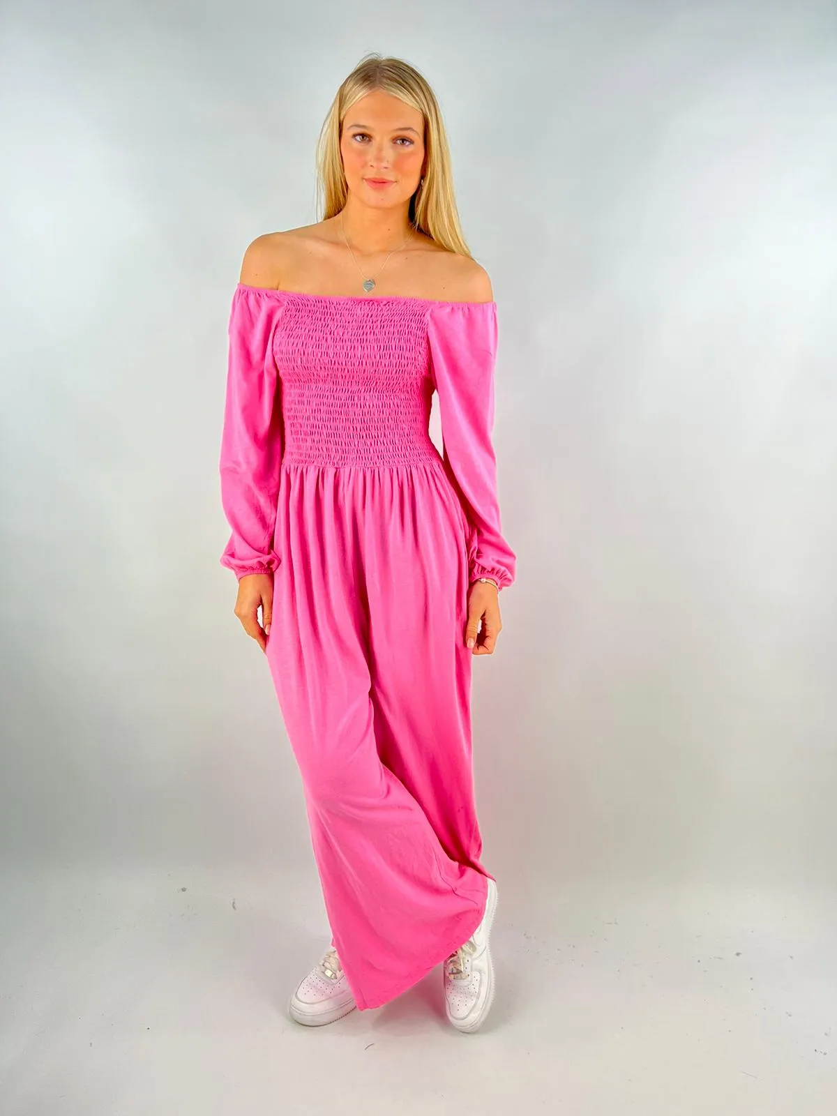 Made in Italy Jersey Bardot Shirred Elasticated Jumpsuit