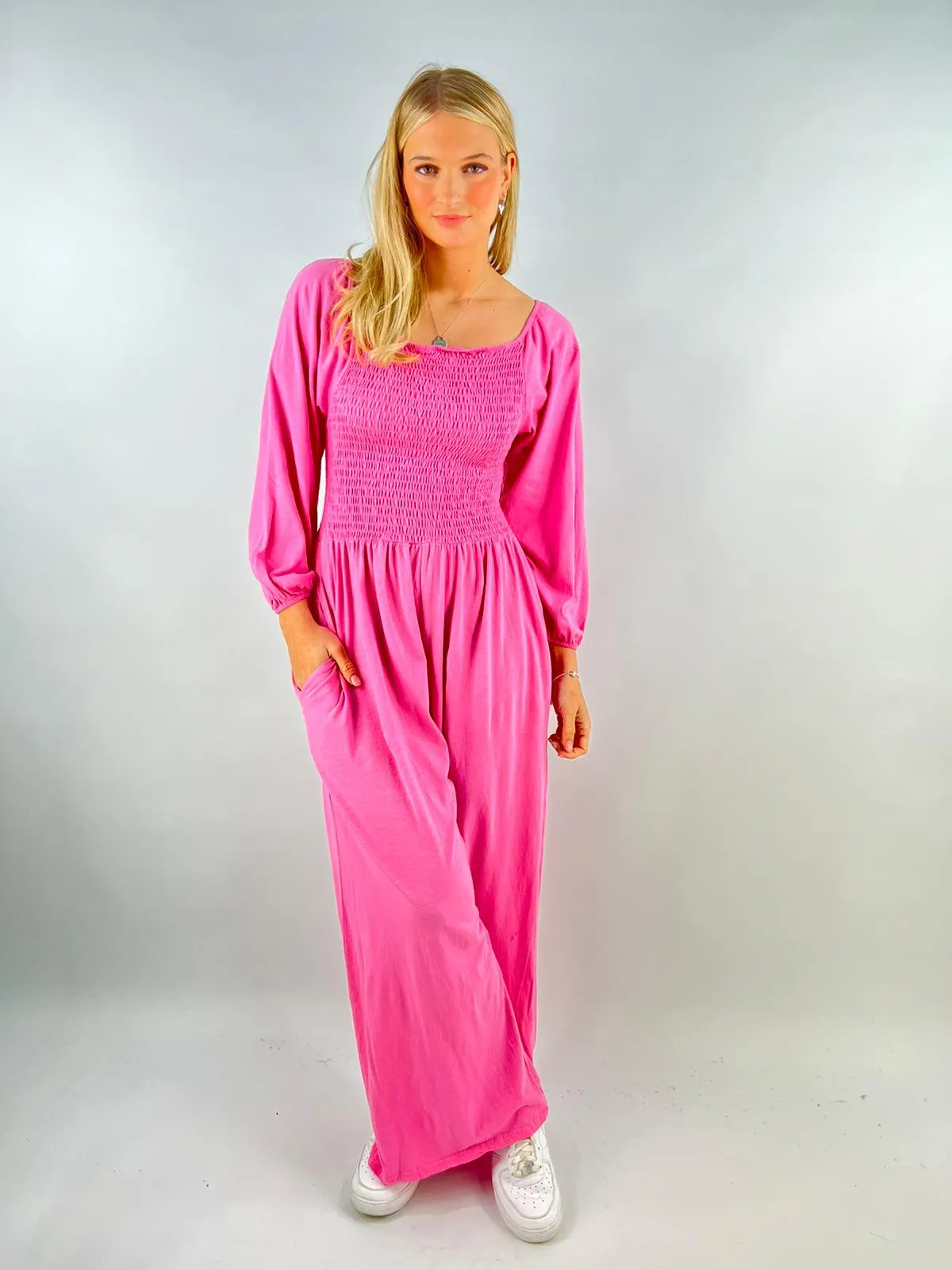 Made in Italy Jersey Bardot Shirred Elasticated Jumpsuit